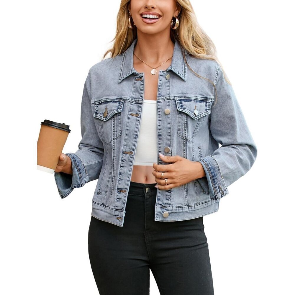 Women's Jean Jacket Long Sleeve Denim Jacket Button Down with Pockets Light Blue